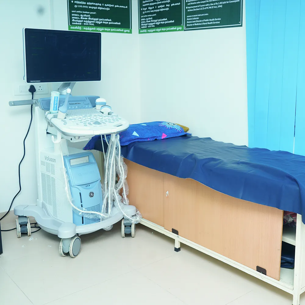 Ultrasound machine and exam bed in the centre's scan room
