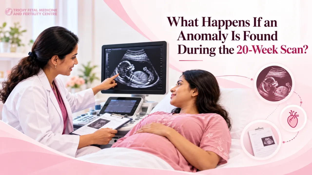 Doctor gently discussing scan findings with a pregnant couple in a clinic