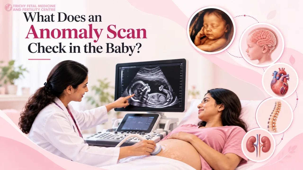 Specialist explaining an ultrasound screen to an expecting couple in a clinic