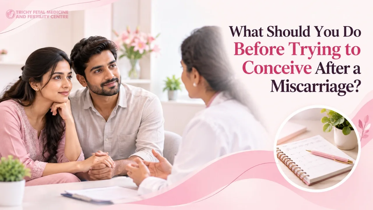 Couple discussing a pre-pregnancy checklist with a doctor in a clinic
