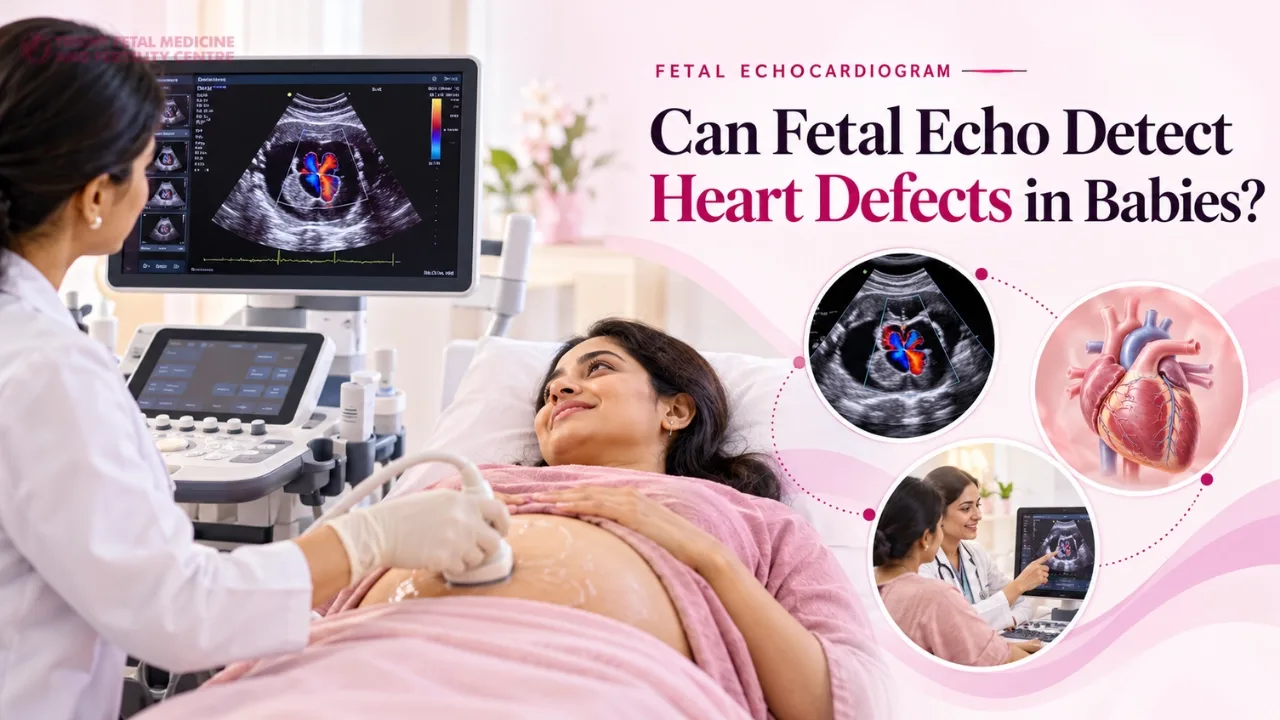 Colour Doppler image of a fetal heart on an ultrasound monitor