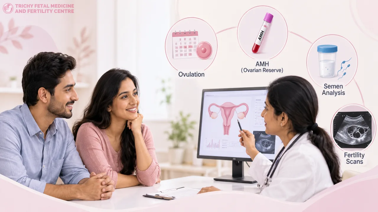 Illustration of a fertility specialist discussing fertility testing with a couple in a clinical setting