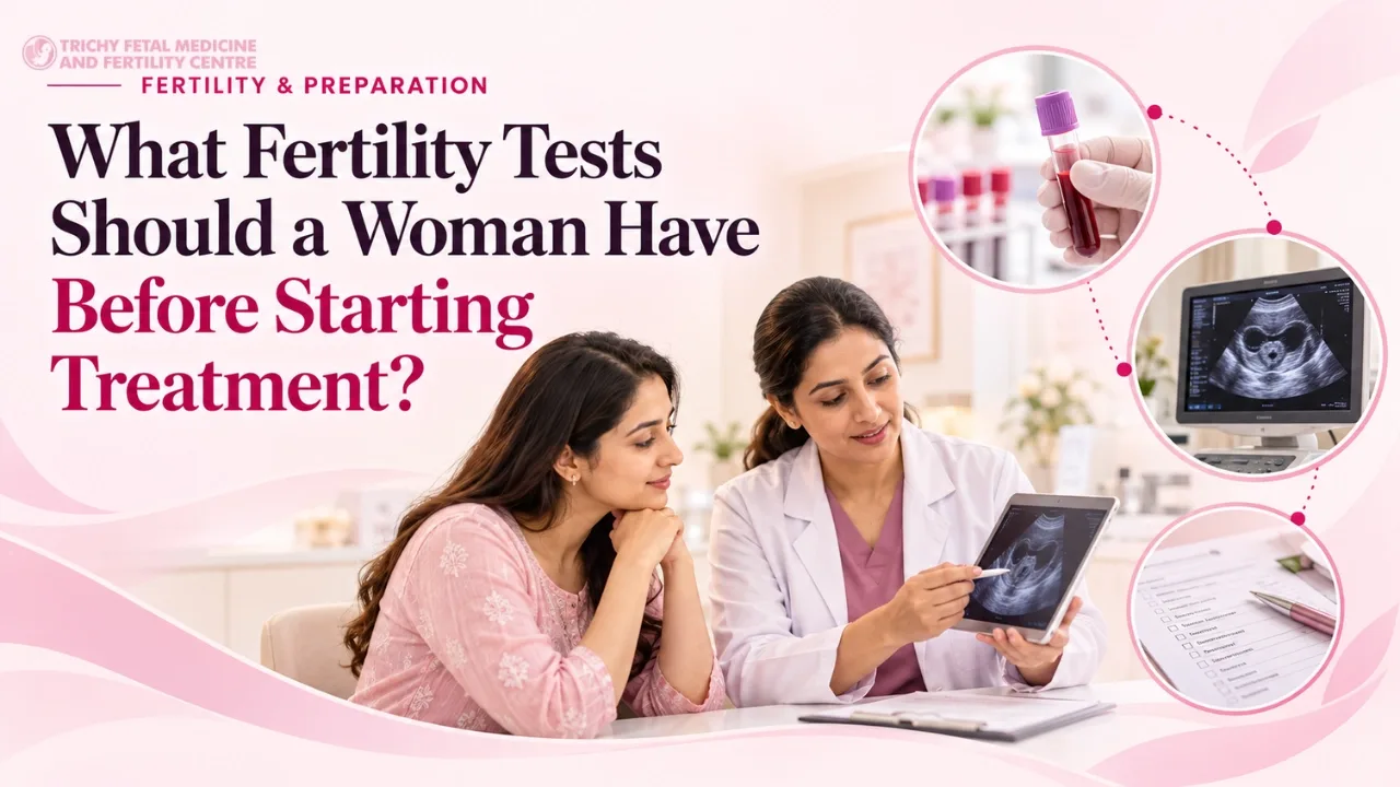 Woman speaking with a fertility specialist at a clinic desk