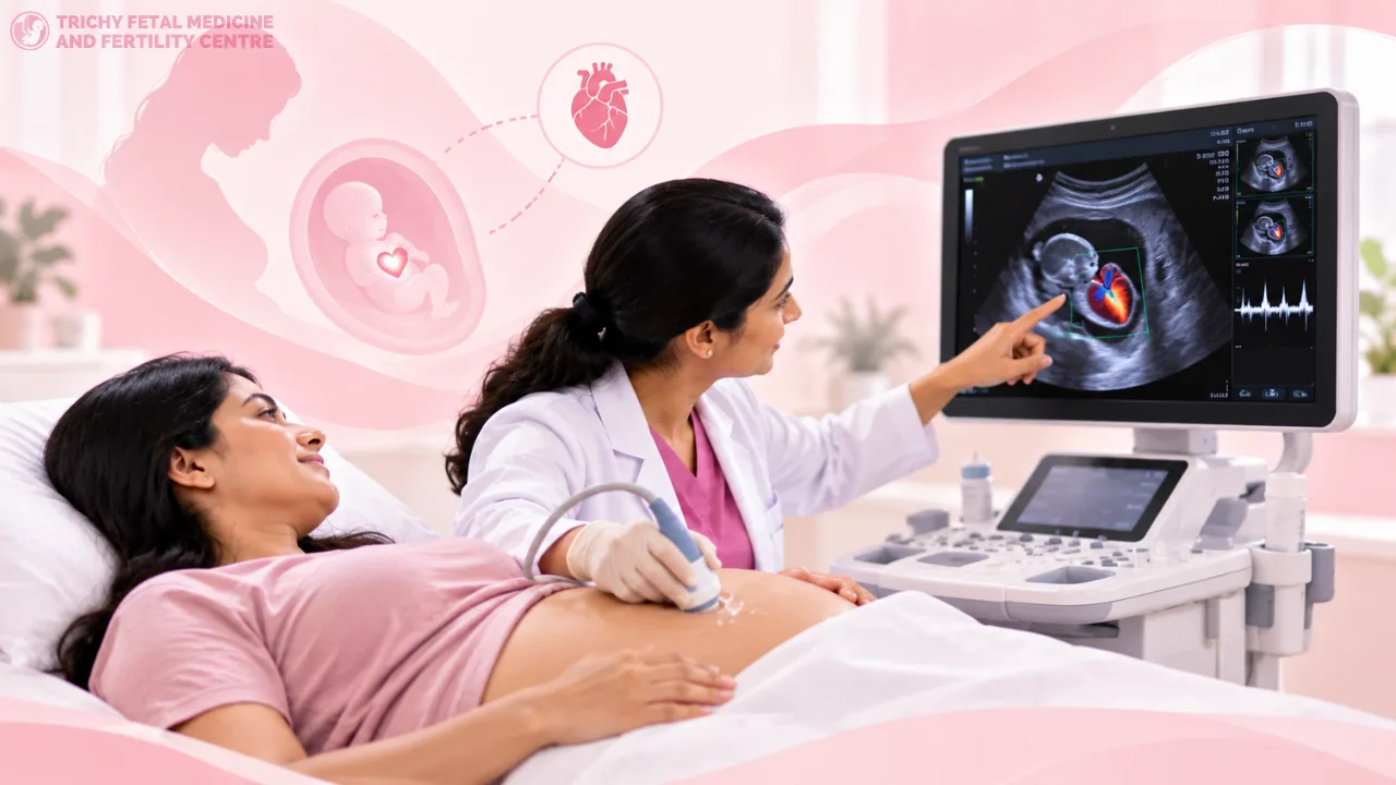 Illustration of a specialist performing fetal echocardiography during pregnancy