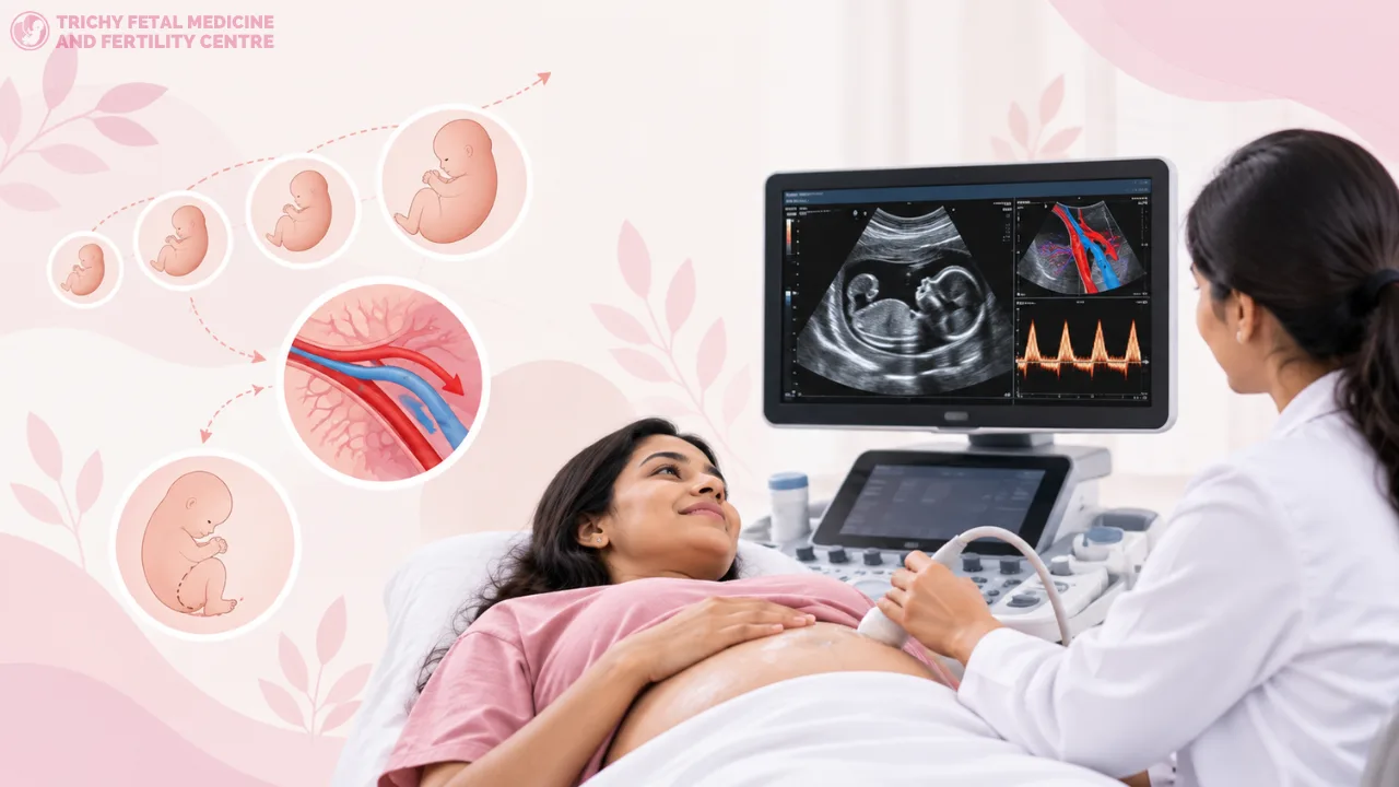 Illustration of a doctor measuring a baby's size on a third trimester ultrasound screen