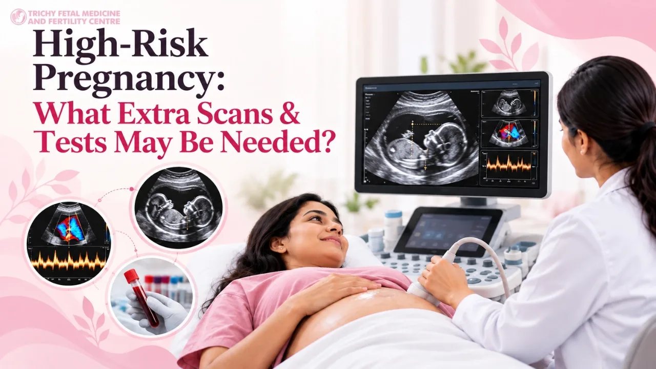 Pregnant woman with icons of ultrasound, blood test and monitor around her