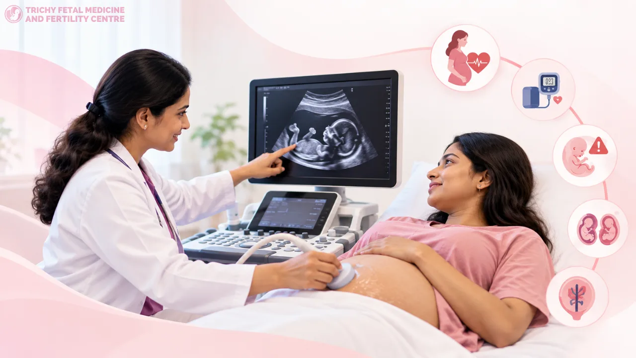 Illustration of a fetal medicine specialist discussing pregnancy monitoring with an Indian couple
