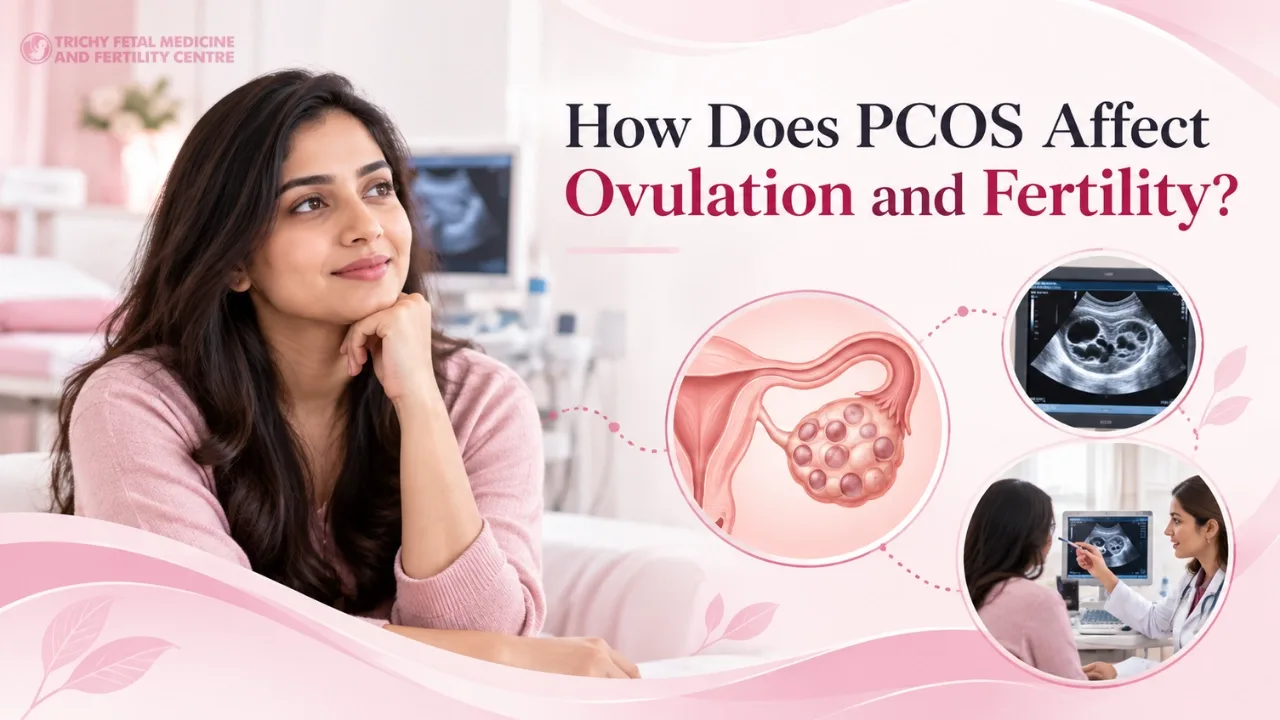 Doctor explaining an ovary diagram on a tablet to a young woman
