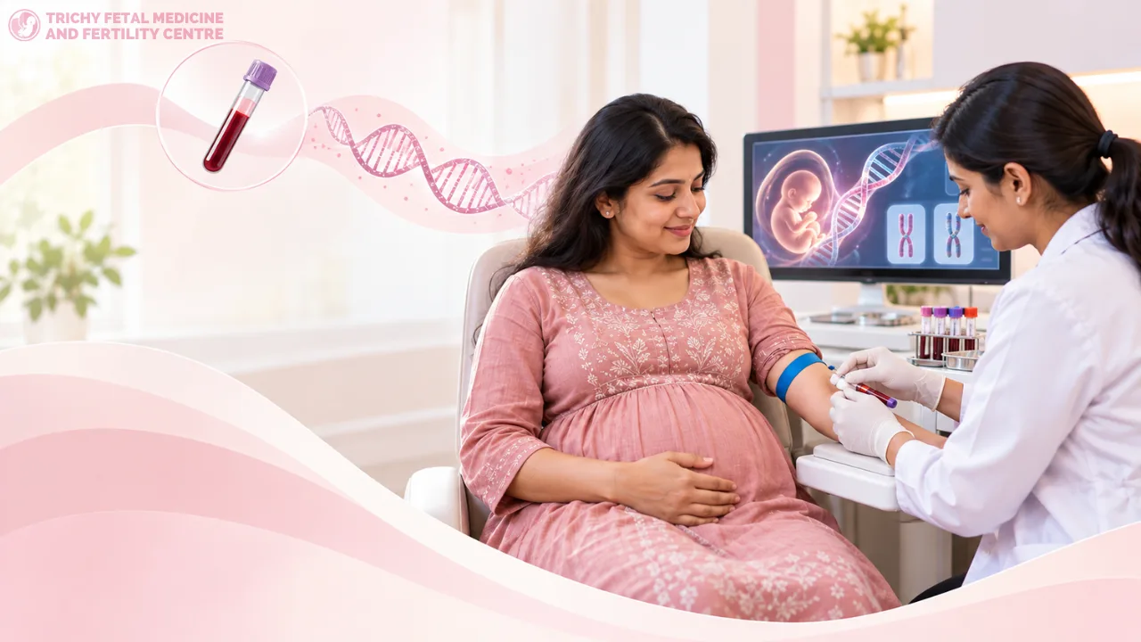 Illustration of a pregnant woman having a blood sample taken for prenatal screening