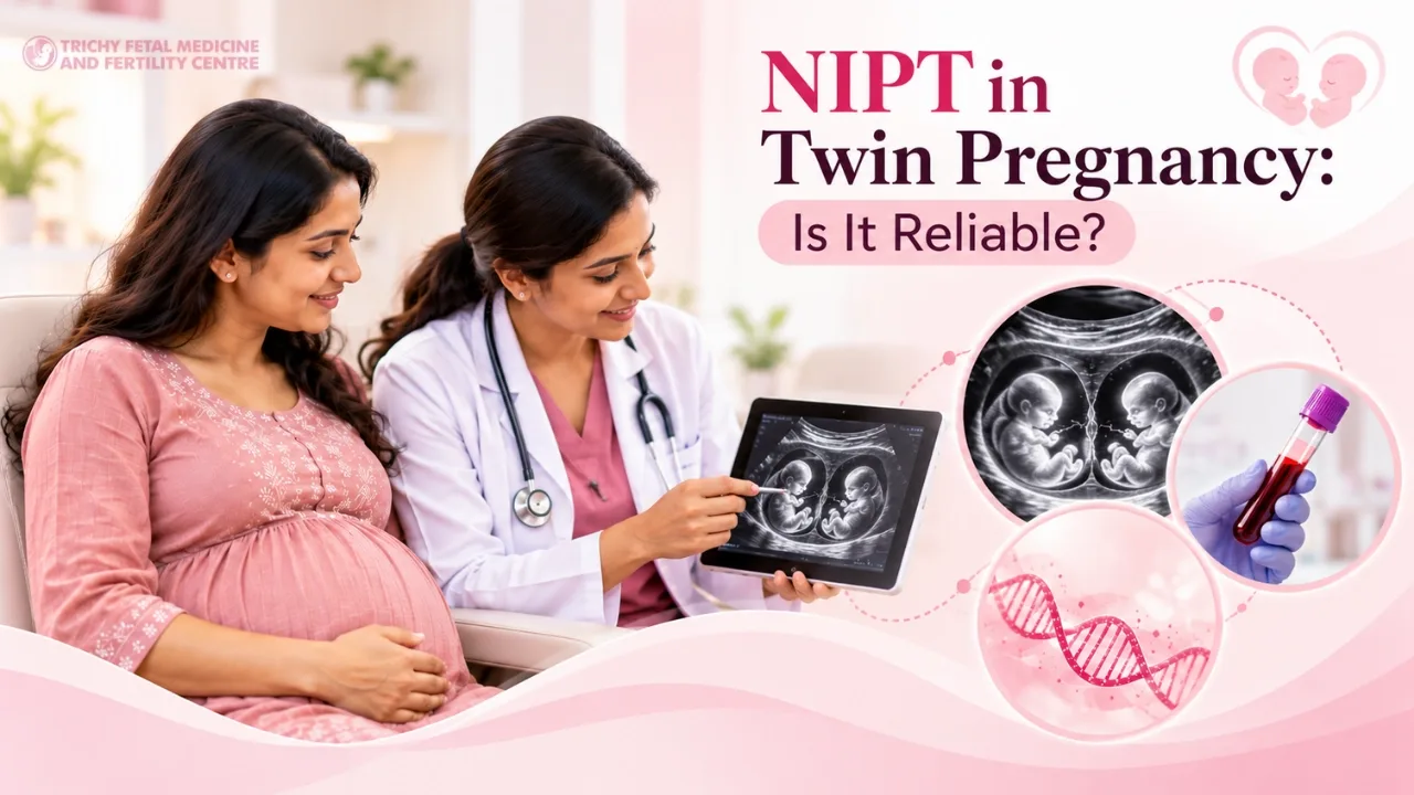 Ultrasound screen showing an early twin pregnancy explained to a couple