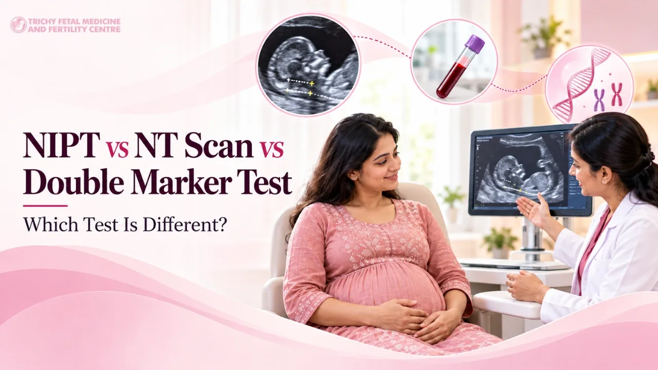 Specialist explaining prenatal screening options to a pregnant couple