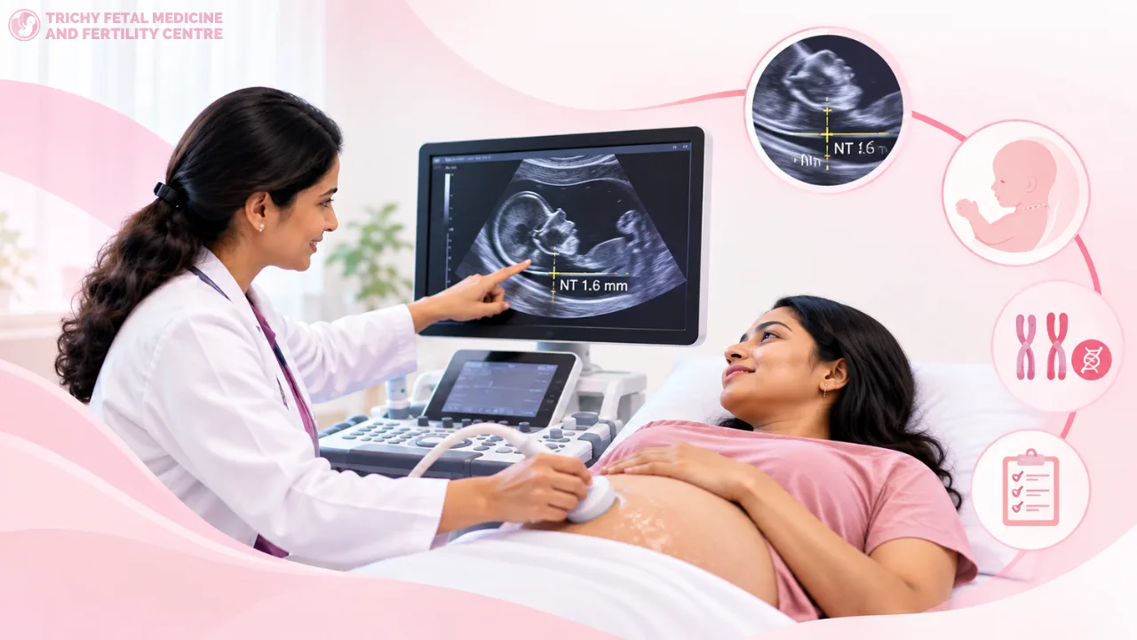 Illustration of a pregnant woman undergoing an NT ultrasound scan during the first trimester