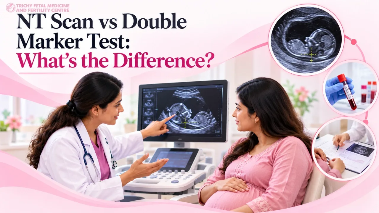 Doctor explaining first trimester screening results to a pregnant woman
