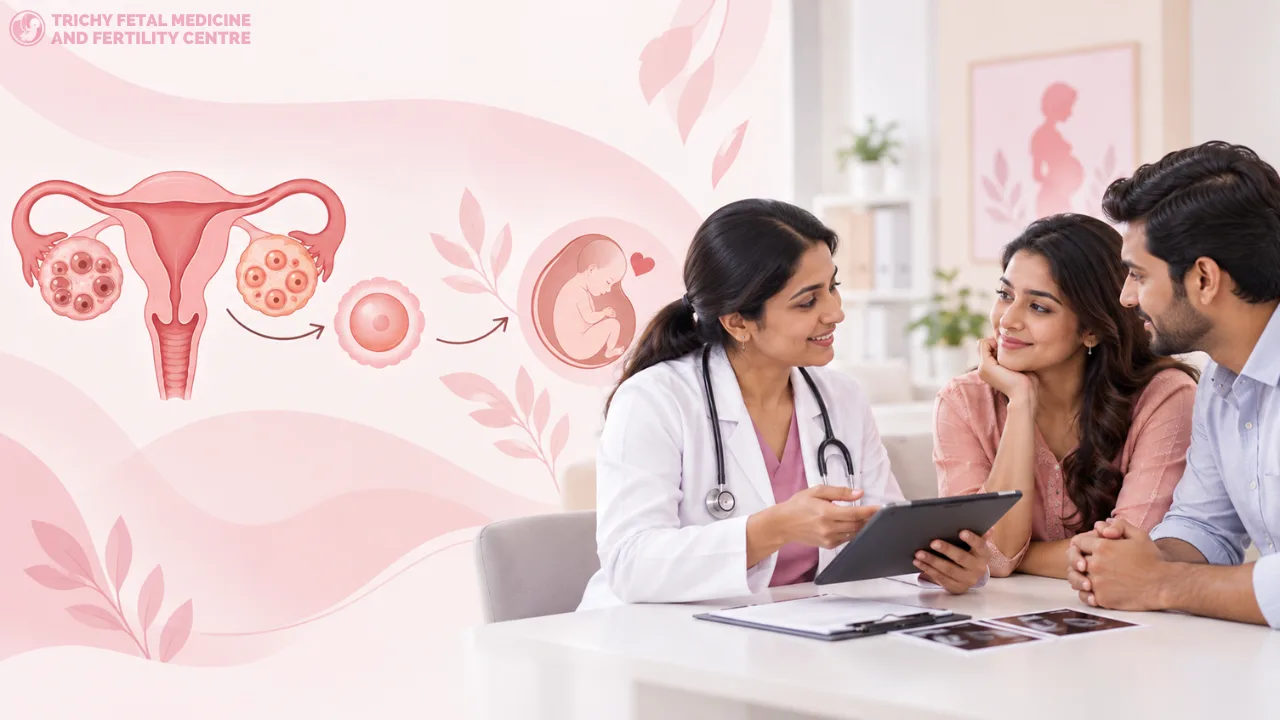 Illustration of a doctor discussing PCOS and fertility test results with a couple during a clinic consultation