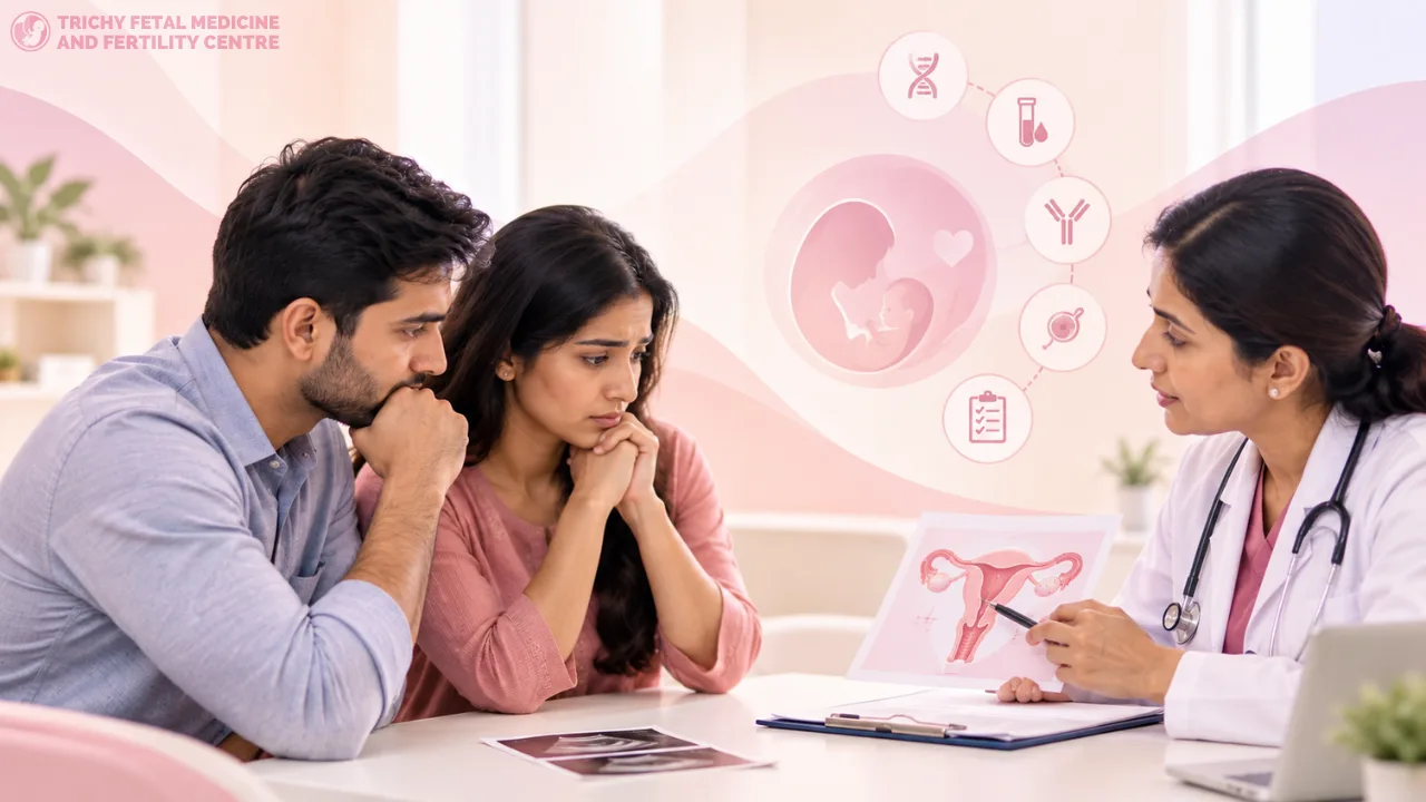 Illustration of a doctor explaining recurrent miscarriage tests to a couple during a clinic consultation