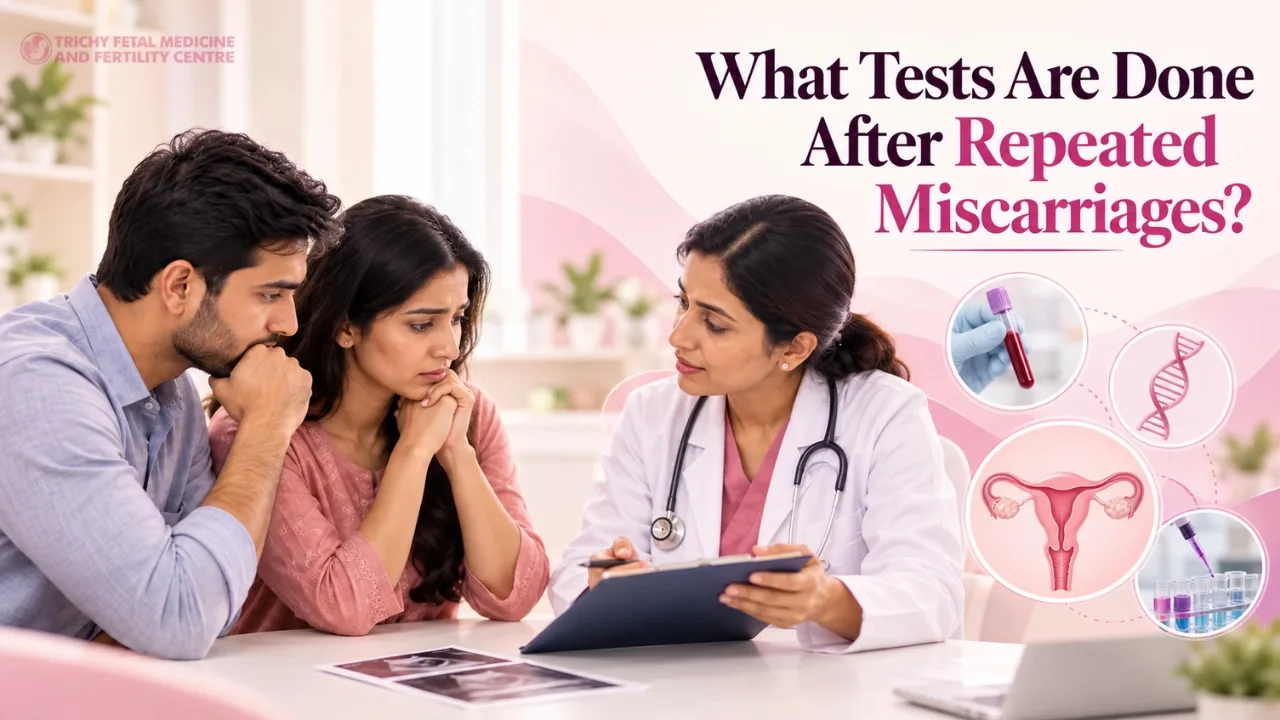 Doctor reviewing a printed list of tests with a couple at a desk