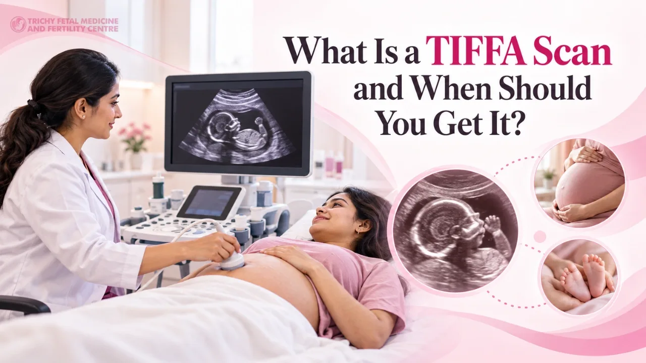 Doctor performing an ultrasound on a pregnant woman beside a fetal scan monitor