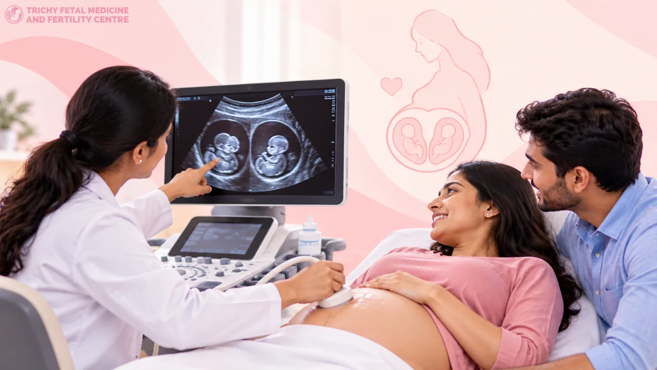 Illustration of a doctor explaining an ultrasound scan to a couple expecting twins