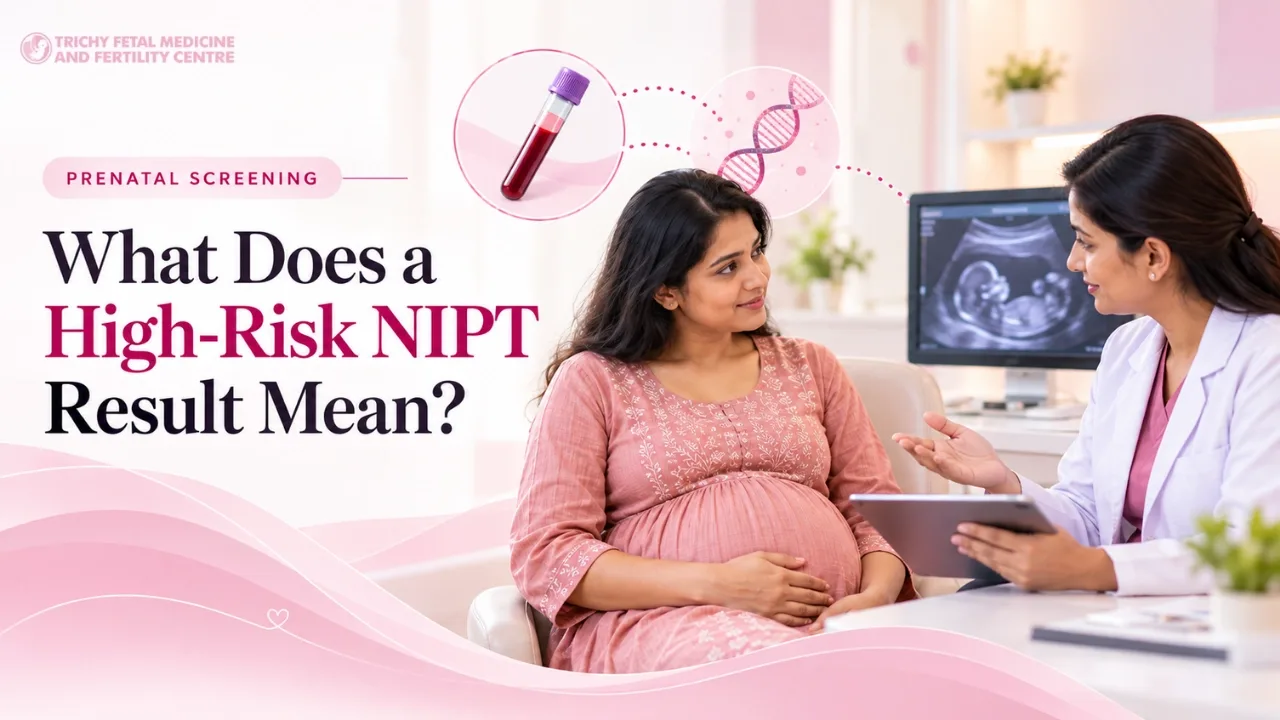 Specialist calmly counselling a pregnant couple in a quiet consultation room