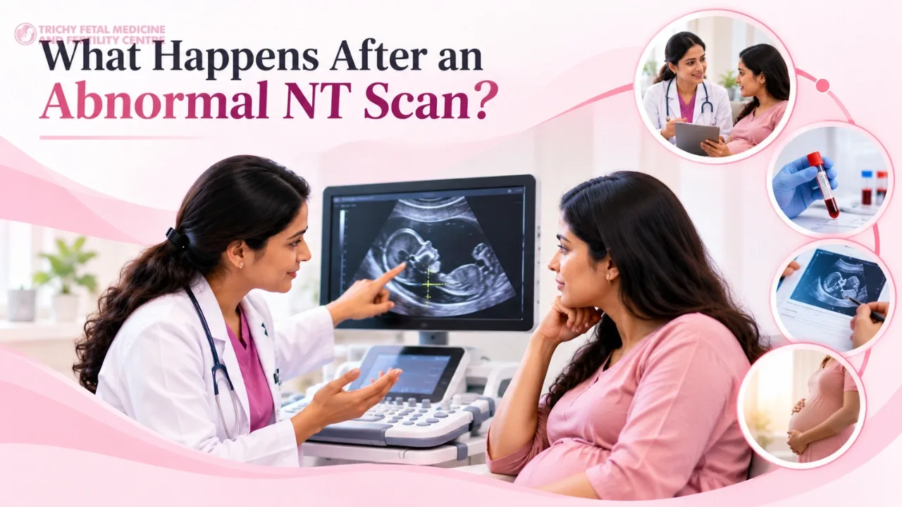Fetal medicine specialist discussing scan results with an expecting couple