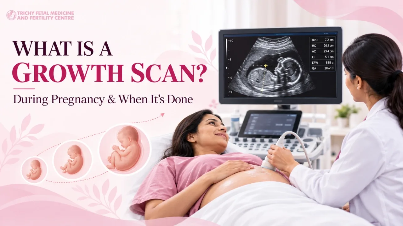 Pregnant woman at a third trimester ultrasound with doctor measuring baby