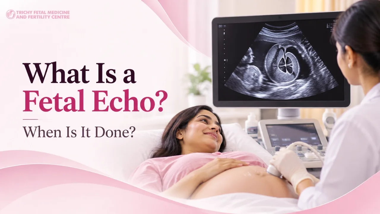 Ultrasound screen showing a baby's heart beside a pregnant woman