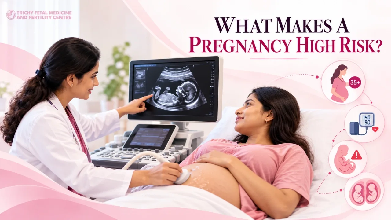 Doctor reviewing a chart with a pregnant woman in a clinic