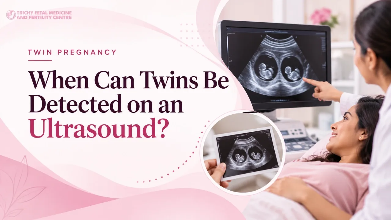 Specialist pointing at an ultrasound screen showing two pregnancy sacs