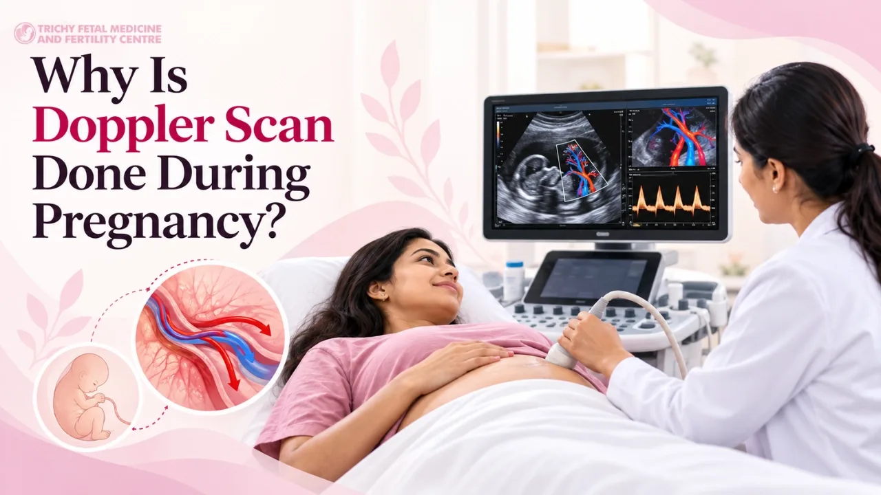 Colour Doppler scan of umbilical cord blood flow on a monitor